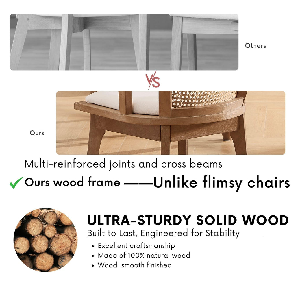 Rattan Dining Chairs Set of 2, Mid Century Modern Farmhouse Wood Dining Room Chairs, Upholstered Comfortable Kitchen