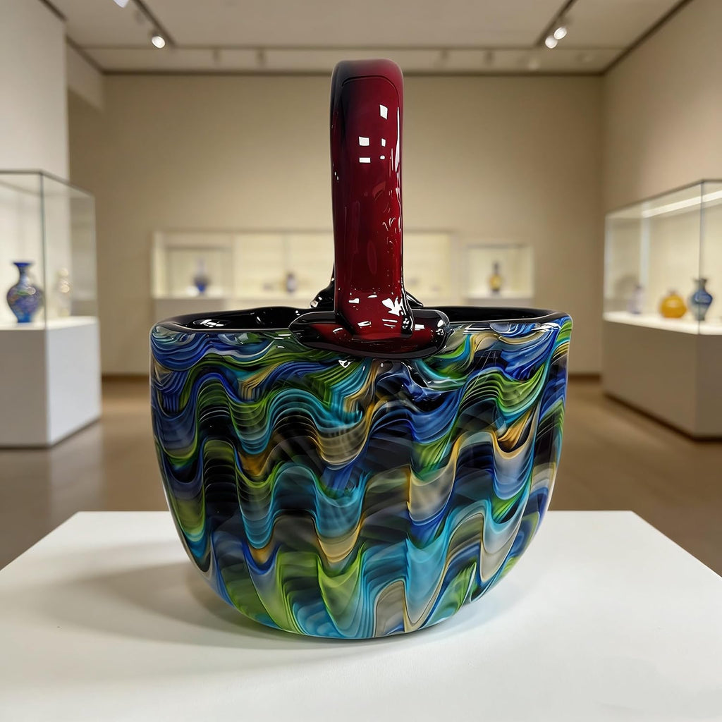 Hand Blown Art Glass Vase Sunflower - 13.4" Murano Style Colorful Sculpture, Unique Bag Design Centerpiece for Table