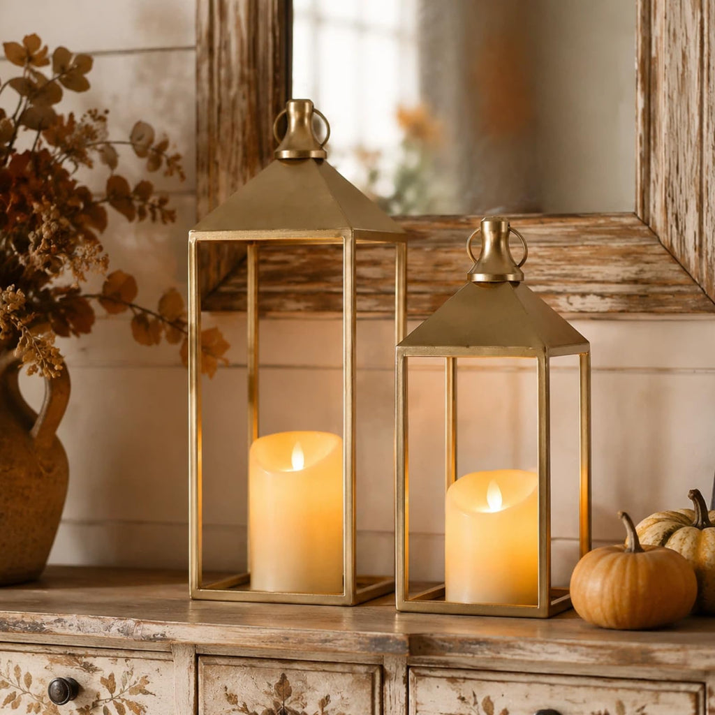 Decorative Candle Lanterns Indoor, 2 Pcs Gold Metal Lanterns with Candles