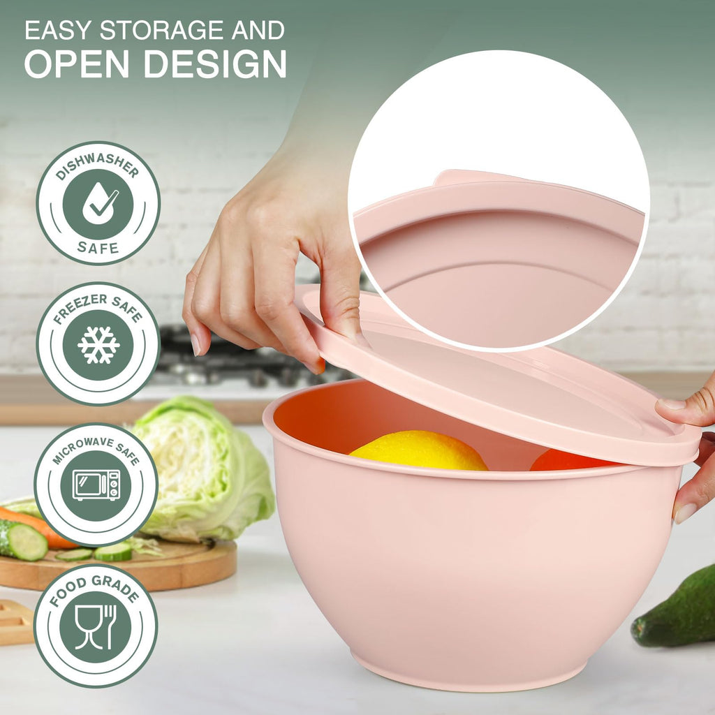 Plastic Mixing Bowls with Lids Set, 5 Set Nesting Bowls for Mixing, Baking, Prepping, Cooking and Serving Food