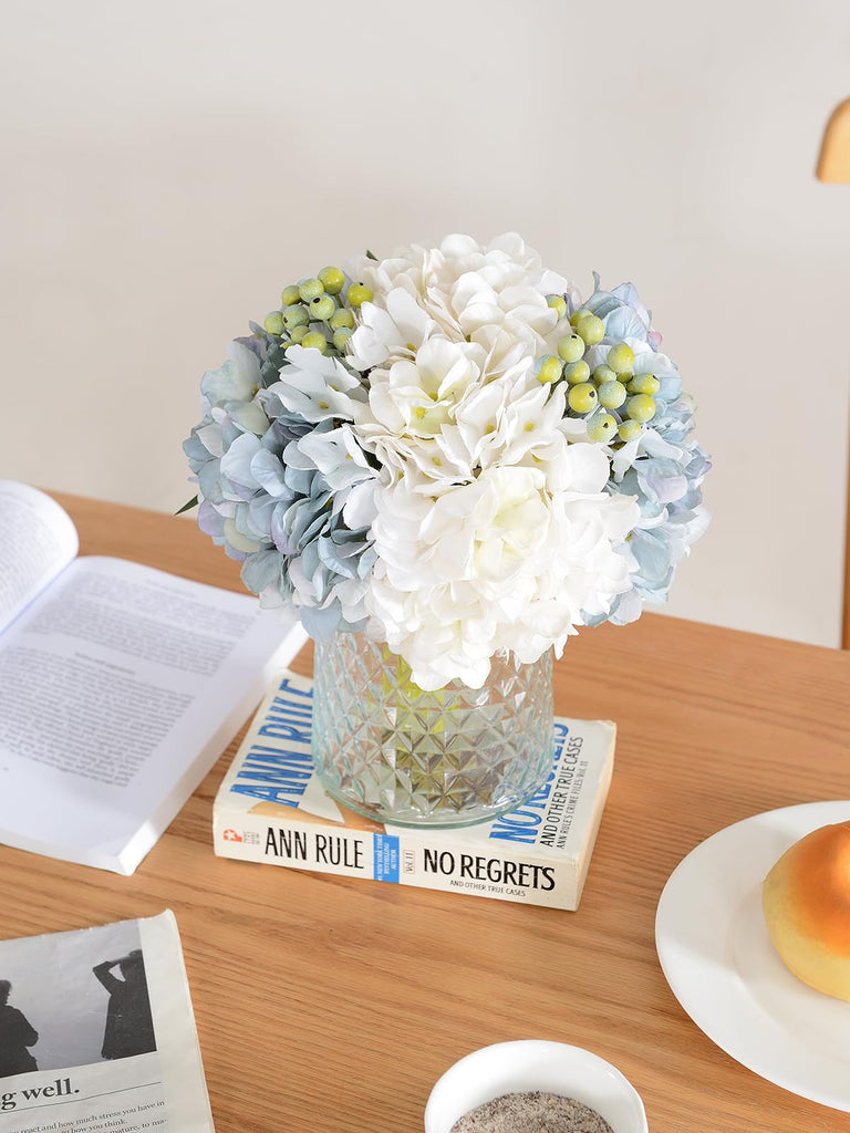 Hydrangeas Floral Arrangement in Glass Vase; Fake Blue