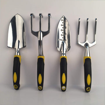 Garden Tools Set, Ergonomic 4 Piece Gardening Kit Includes Hand Trowel, Transplant Trowel, Cultivator and Hand Rake