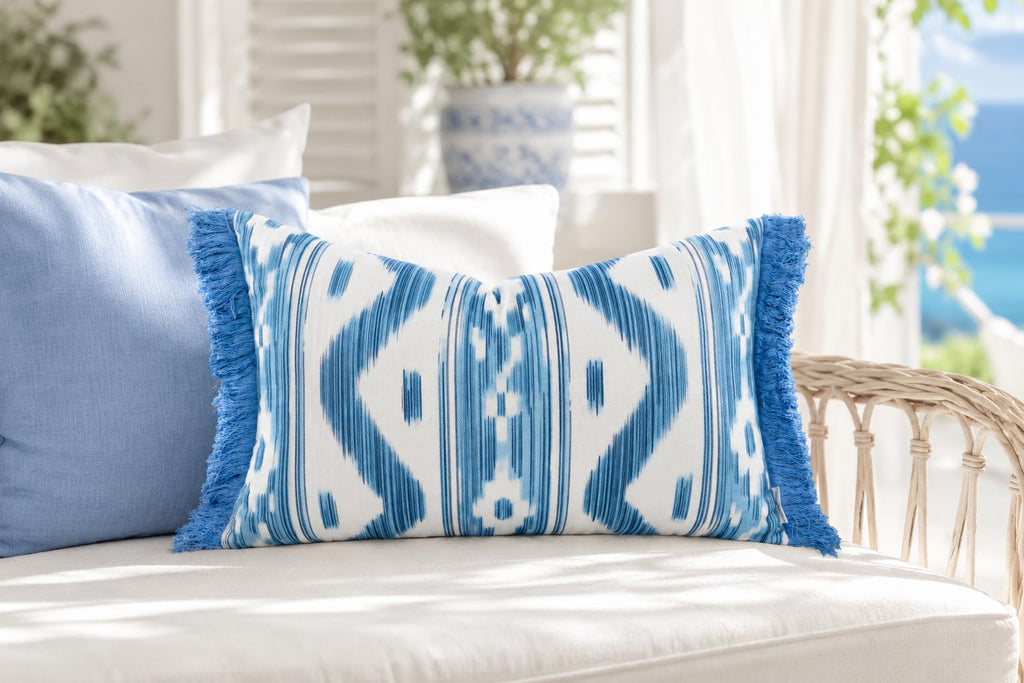 Ikat Diamond Print Lumbar Pillow Cover 12x20, Blue