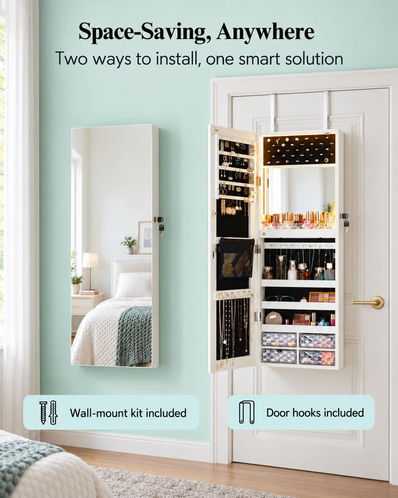 White LED Jewelry Cabinet Wall-Mounted, 42 in Mirror with Storage