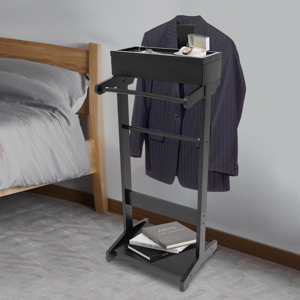 Suit Valet Stand Wood Valet Stand for Man, Clothing Valet Stand with Contour Hanger, Tray, Trouser Bar, Tie Bar and