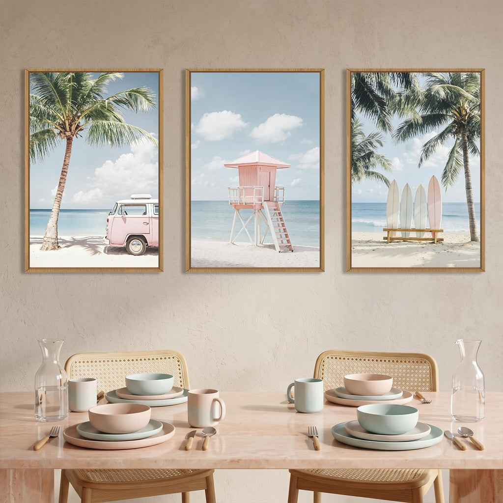 Large Beach Seascape Ocean Framed Canvas Wall Art Set, Modern Coastal Surfboard Palm Tree Wall Decor, Summer Pink Van