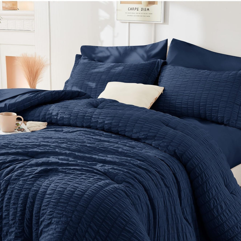 Duvet Cover, Seersucker Bedding Set, 3 Pieces, Navy Blue