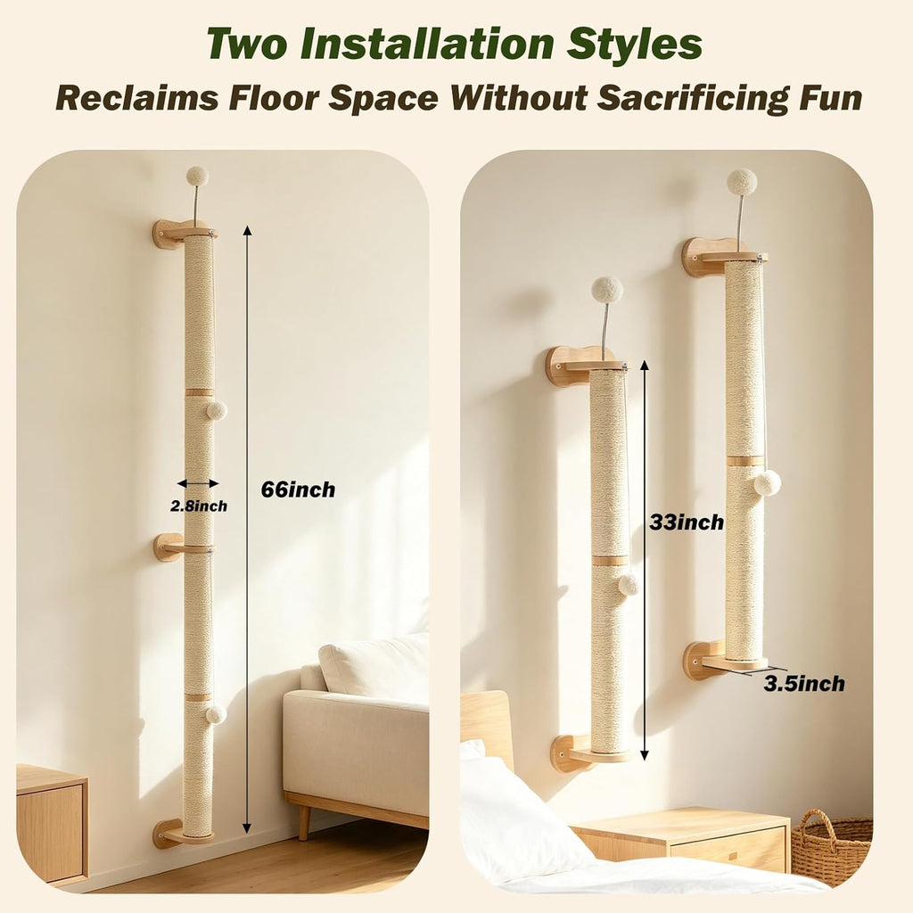 Cat Wall Scratcher 2 Pack 66", Tall Sisal Scratch Post for Large Cats