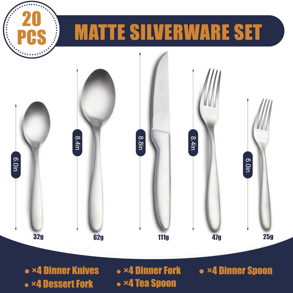 Matte Satin Silverware Set, Stainless Steel Flatware Set for 4, 20 Pieces