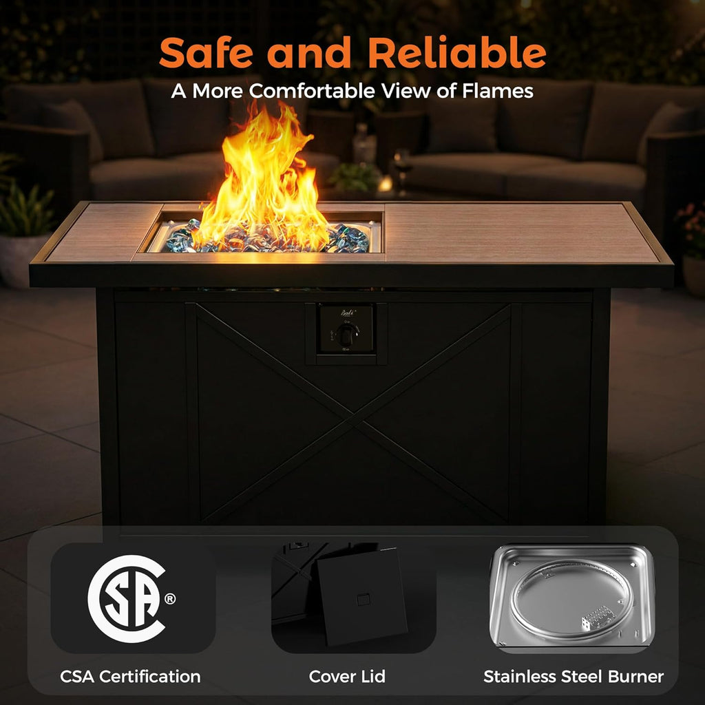 42 inch 50,000 BTU Rectangular Propane Gas Fire Pit Table with Fire Glass and Table Lid, Fire Pits Outdoor