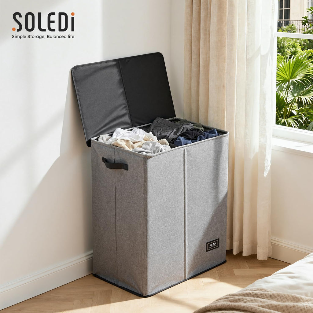 Double Laundry Basket with Lid and Removable bag, Large Laundry Hamper 2 Section with handles, Collapsible Dirty