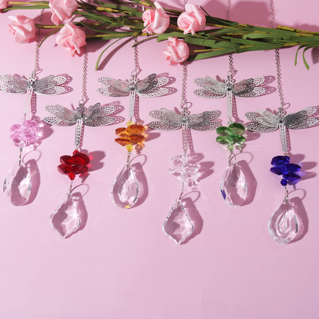 Dragonfly Crystal Prisms Bead Hanging Crystal for Windows Garden Wedding Christams Decor Mirror, Set of 6