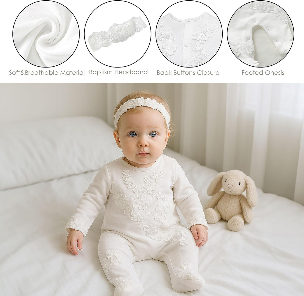 Newborn Baby Girls Embroidery Romper Baptism Bodysuit