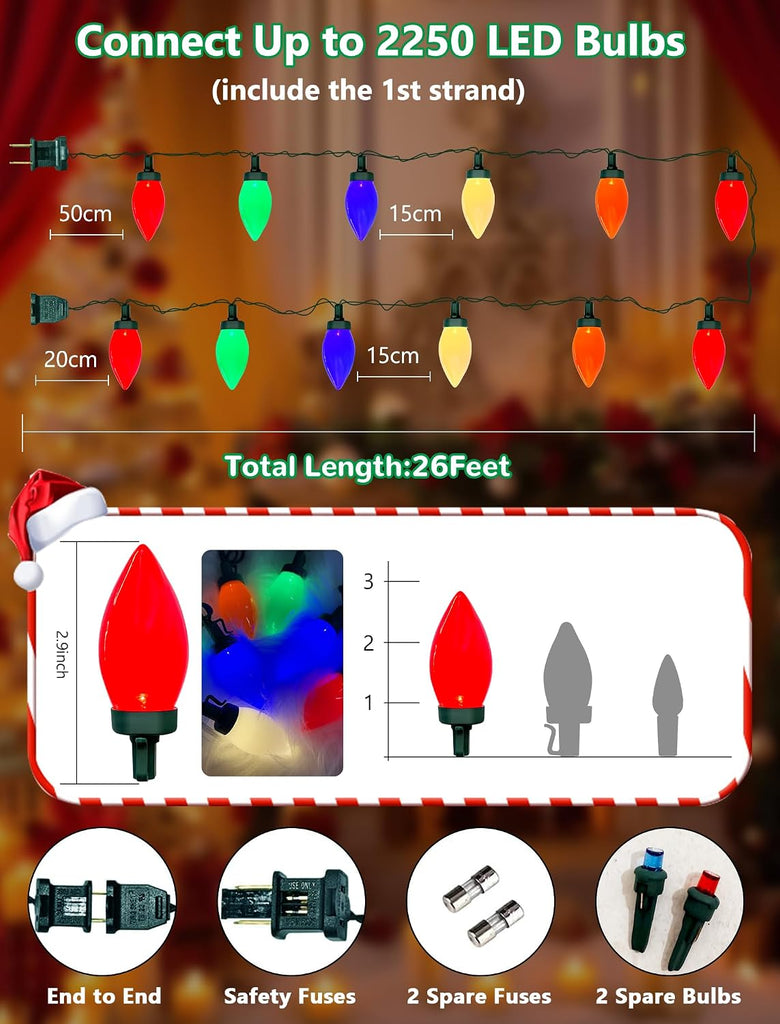 LED Christmas Lights Outdoor, 26FT, 50-Count Multicolor C9 Bulbs