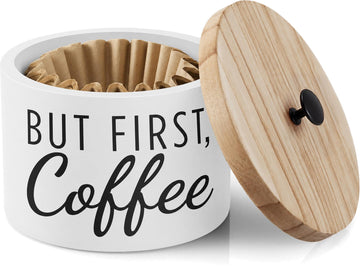 Coffee Filter Holder with Wood Lid, Matte White Farmhouse Canister