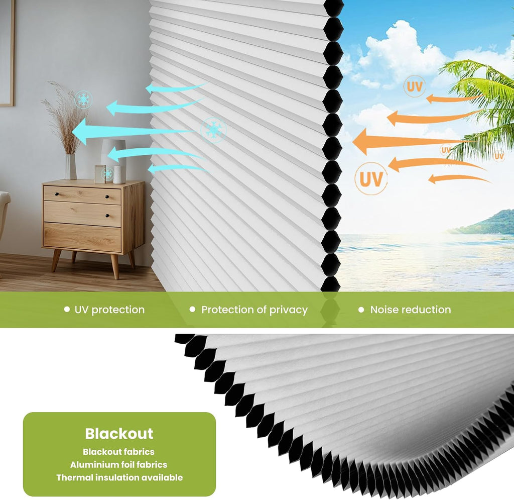 No Drill Cellular Shades, Blackout White, | Top Down Bottom Up Honeycomb Shades Blackout Blinds for Indoor Windows