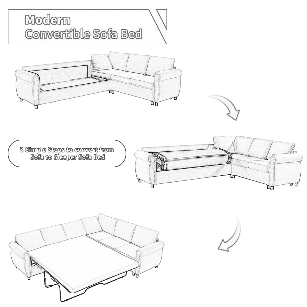 104" Sectional Sleeper Sofa Queen, L Shaped Couch with Pull Out Bed, Beige