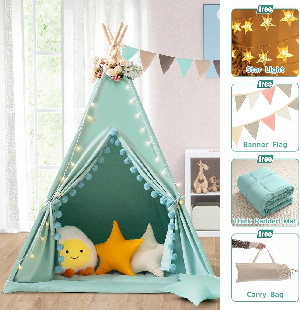 Teepee Tent for Kids with Padded Mat Cotton Canvas Kids Tent with Pompom for Toddlers Indoor Play Tent for Girls Boys