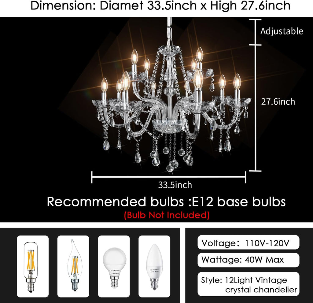 Gorgeous Vintage Crystal Chandelier 12-Lights K9 Large Crystal Candle Chandelier Pendant Ceiling Light Fixture for Living Room Dining Room Hallway Entry Chandeliers W33.5 X H47.2 A110-B0C32Q6J2Z