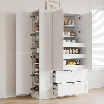 73.6" Tall Farmhouse Kitchen Pantry Cabinet with 7 Shelves, 2 Drawers, 3 Pull-Out Trays, 6 Doors and Side Cabinets