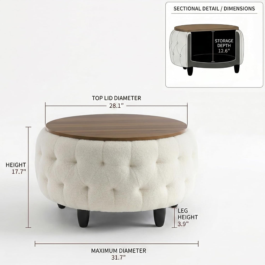 Large Round Storage Ottoman Coffee Table with Wooden Tabletop, 32 Inches Teddy Fleece Tufted Ottoman s (White)