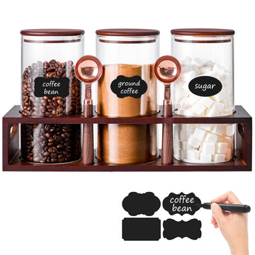 Glass Coffee Containers Airtight Coffee Bean Storage Canisters with Shelf, 3Pcs 44oz Coffee Station Organizer