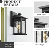 2-Pack Farmhouse Outdoor Wall Lights, 12 Inch Exterior Lights Fixture for House, Black Finish with Water Ripple Glass