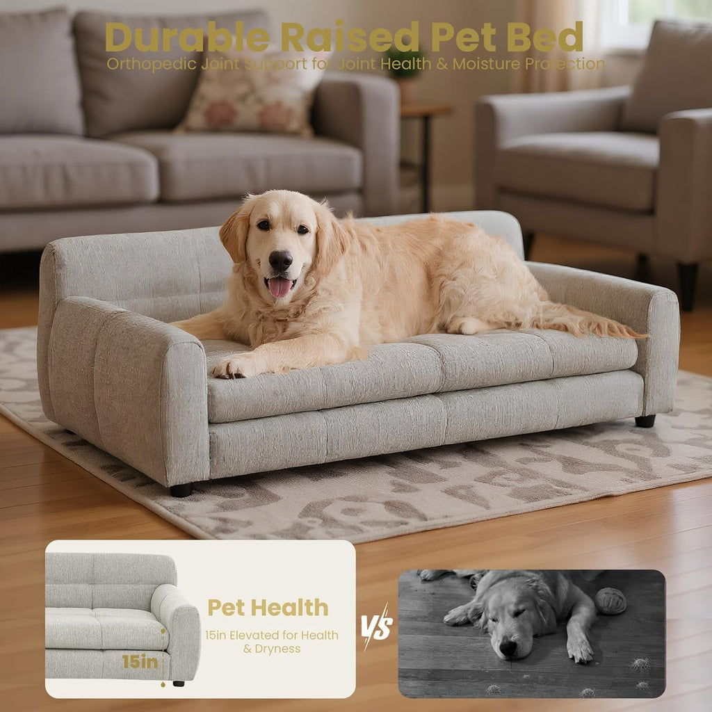 XL Dog Bed Couch, Elevated Large Dog Sofa with Backrest and Armrests, Soft Memory Foam Extra Large Pet Bed