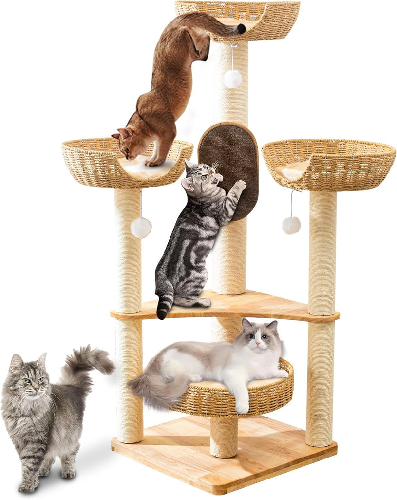55-Inch Cat Tree for Large Indoor Cats with 4 Handwoven Basket Beds