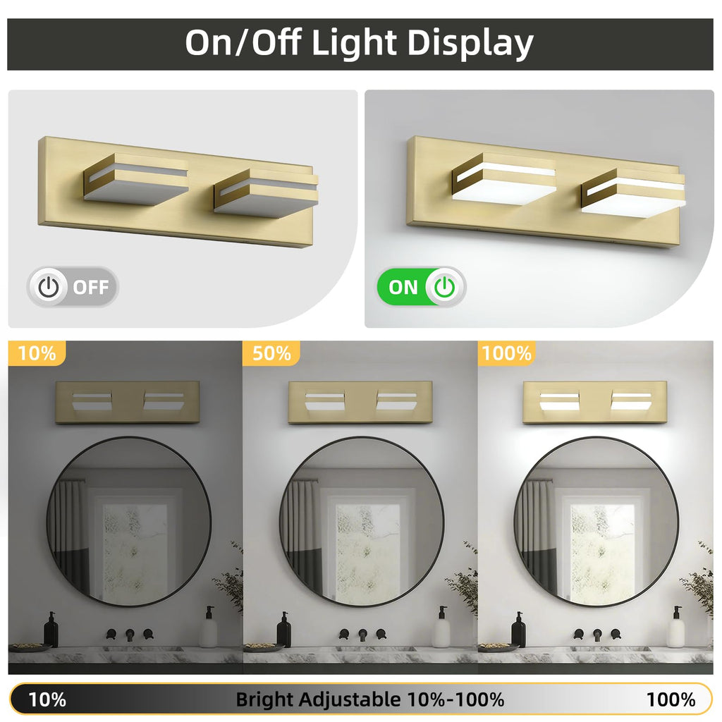 2 Light Bathroom Vanity Light Gold Modern 16W LED Dimmable Vanity Light Over Mirror 350° Adjustable Lamp Head Cold