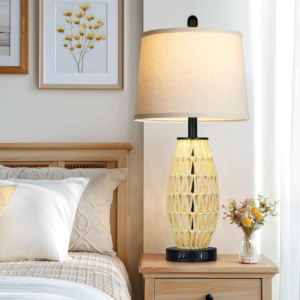 27" Beige Boho Rattan Table Lamps with Night Light, Natural Bedroom Lamps Set of 2 with USB A+C Charging Ports