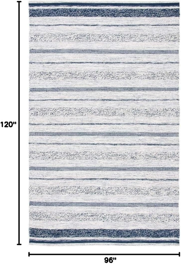 Area Rug - Striped Kilim Collection - Large - Ivory & Navy, Handmade Flat Weave Cotton, Ideal, Dining Space