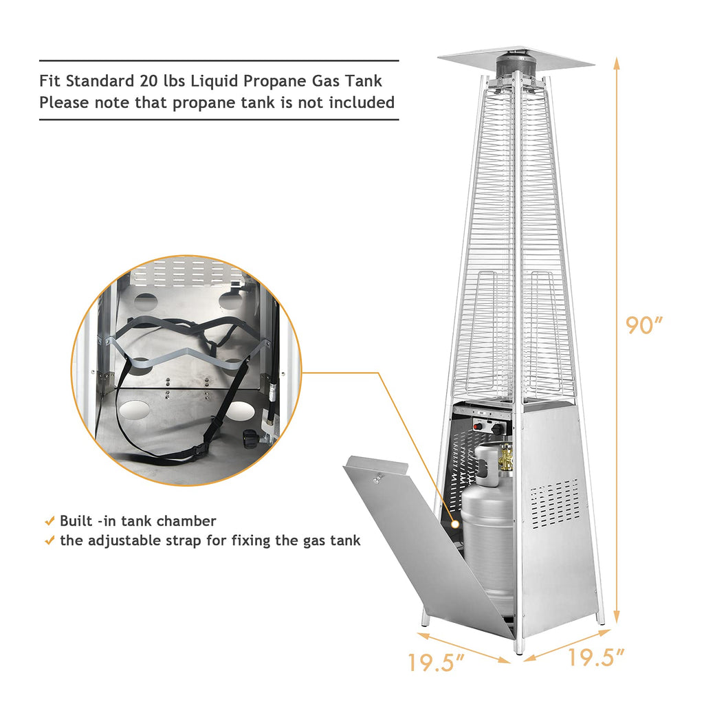 90-inch Outdoor Patio Heater, 42000 BTU Portable Outdoor Pyramid Propane Heater with Wheels, Quartz Glass Tube, Auto