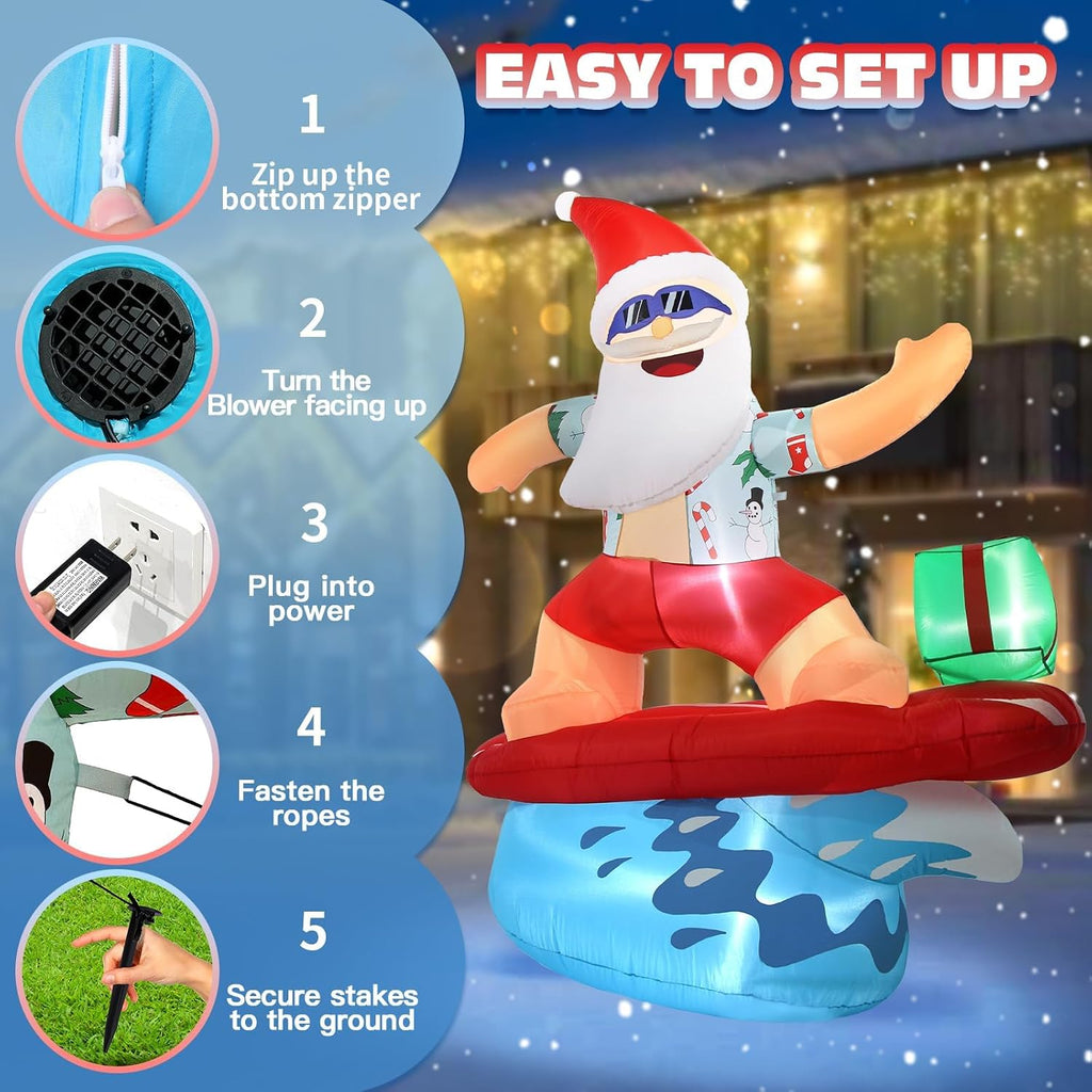 Christmas Santa Inflatable Decorations Outdoor 6.5FT Beach Surfing Hawaiian Tropical Blowups with Build-in LEDs Blow