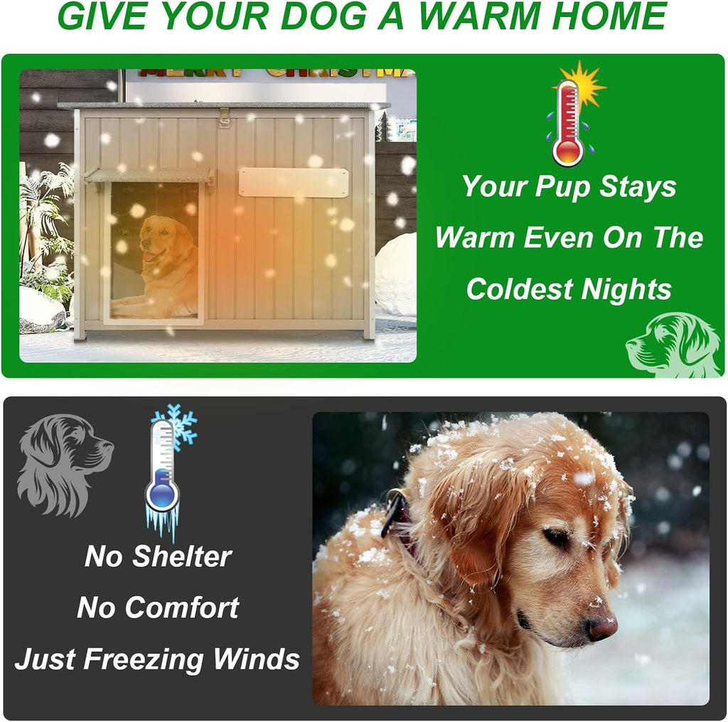 Dog House Outdoor Weatherproof & Wooden Dog Kennel with Chew-Proof Iron Frame, Removable Floor, Adjustable Vent