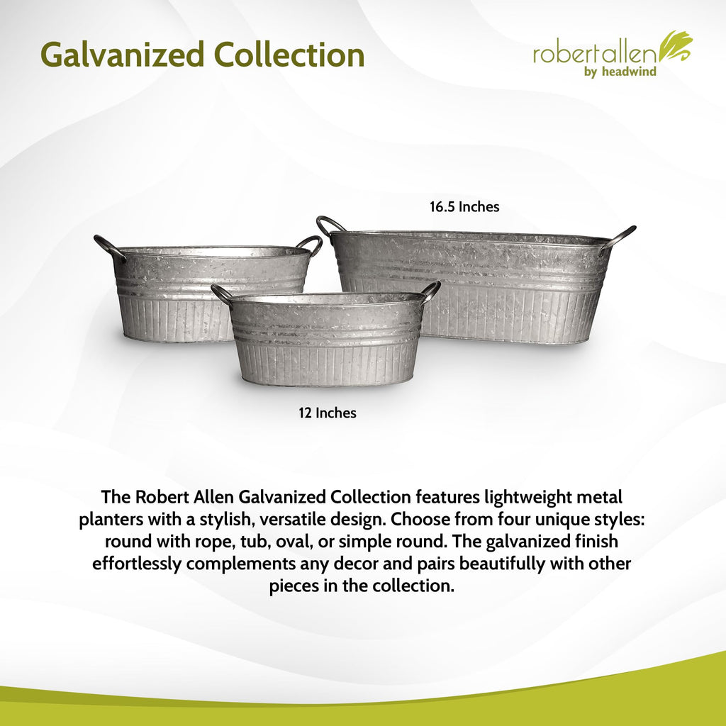 Decorative Planter - Oval Galvanized Tubs Planter with Handles - 24 Inch Lightweight Steel Indoor Oval Plant Pot with