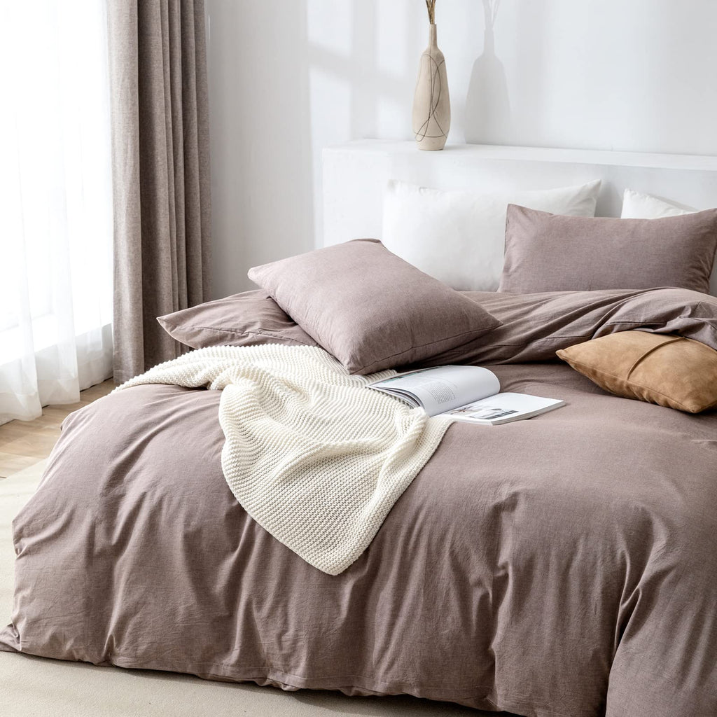 Duvet Cover Set- 100% Washed Cotton 3 Pcs Soft Comfy Breathable Chic Linen Feel Bedding, 1 Duvet Cover and 2