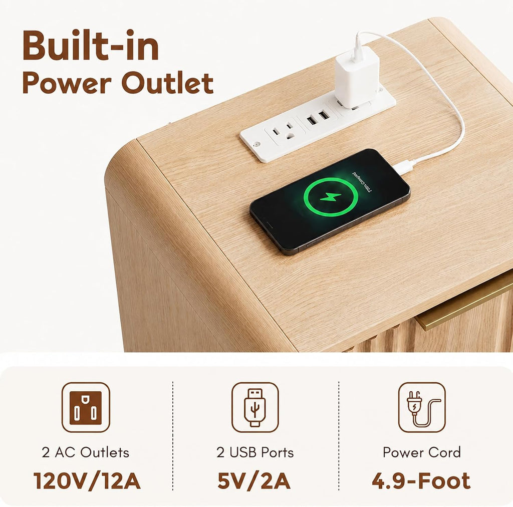 Nightstand, Modern Fluted Nightstand, Side Table with Charging Station, 2 Drawers, Open Shelf, Wood