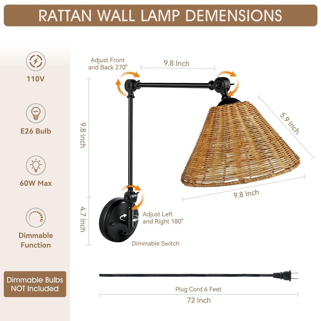 Rattan Plug in Wall Sconce Set, Plug in Cord and Dimmer