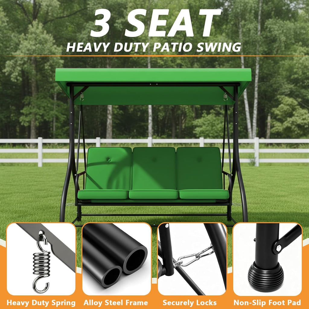 3-Seat Porch Swing with Adjustable Canopy w/Stand, Patio Glider Swings with Removable Cushions, 3 Person Large