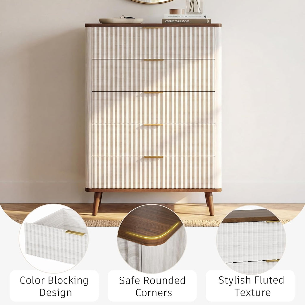 Fluted Wood 5 Drawer Dresser: 45.5" Tall Chest of Drawers, Mid Century Modern Storage Cabinet Nursery, Large Vertical