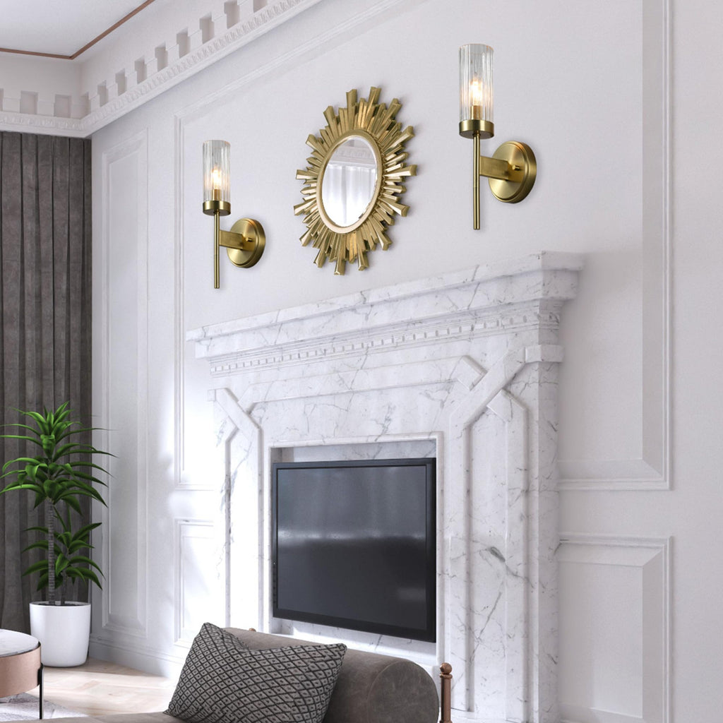 Wall Sconce, Matte Brass, Ribbed Clear Glass Shade, E12 Candelabra, Dimmable, 65000103