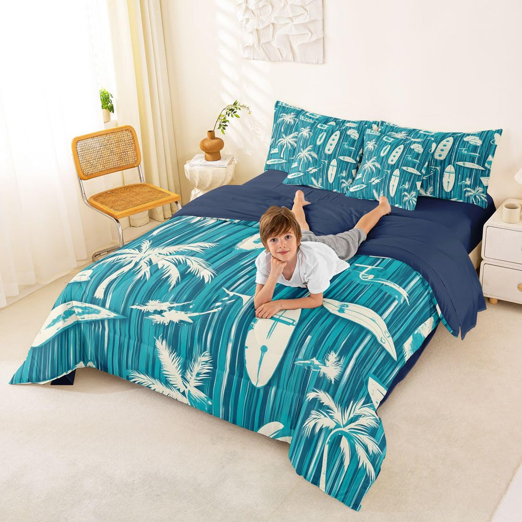 Surfing Bedding Set - Surfboard Themed Bed in a Bag, Coastal Summer Beach 7 Pieces Bed Set Bedroom Decor