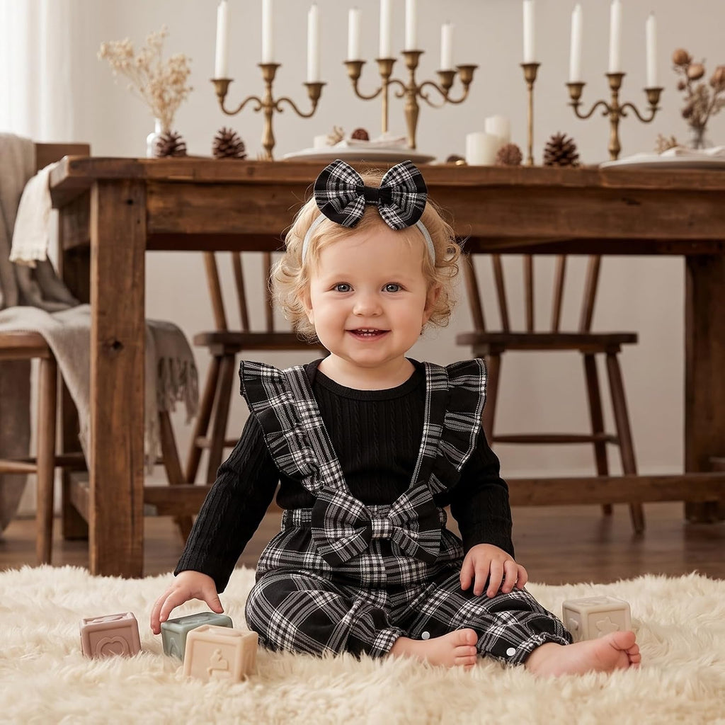 Baby Girl Clothes Newborn Suspender Overalls Long Sleeve Ribbed Romper Fall Winter Outfits Bow Headband
