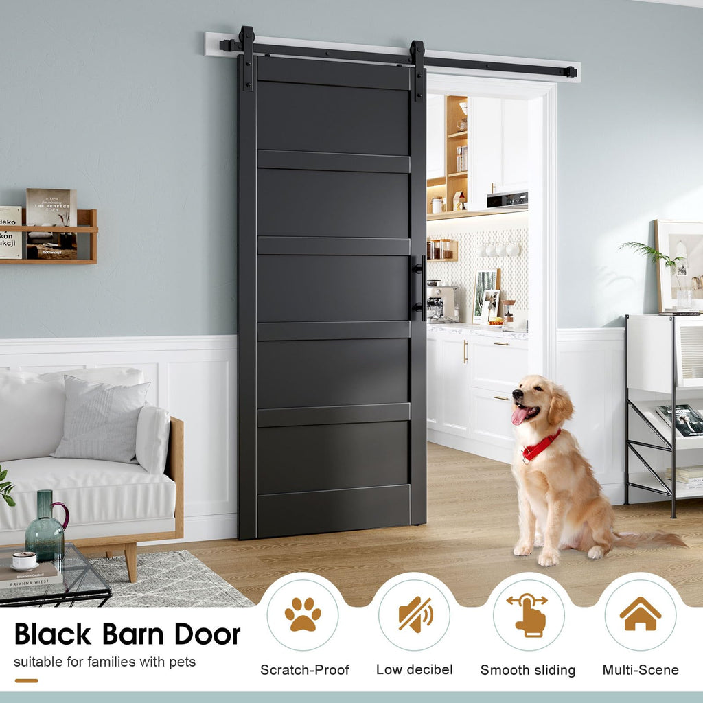 36x84 Inch Black Sliding Barn Door Slab with 6.6ft Hardware Kit Included, 5-Panel, Wooden Panel Covered with