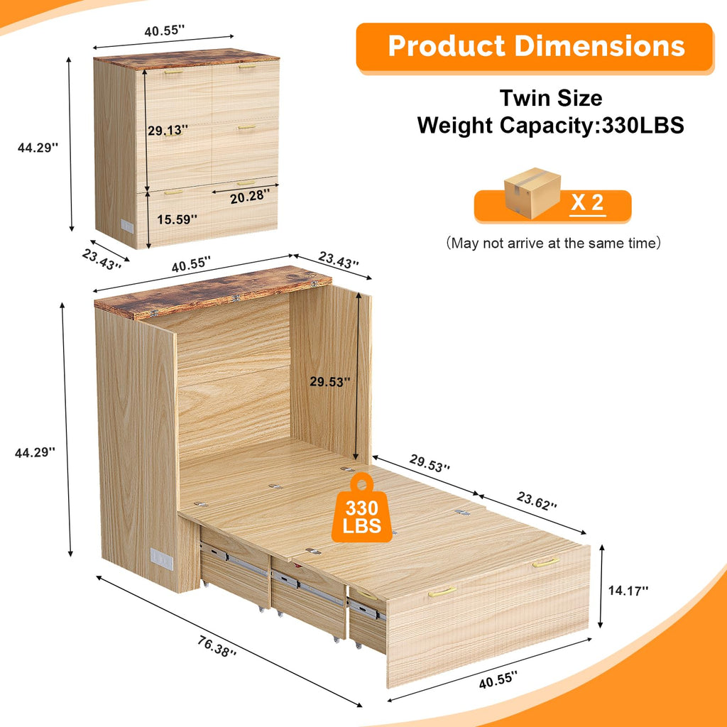 Twin Murphy Bed with Storage Drawer, Fluted Wooden Foldable Bed Cabinet with Charging Station, Boho, Hideaway Paltform