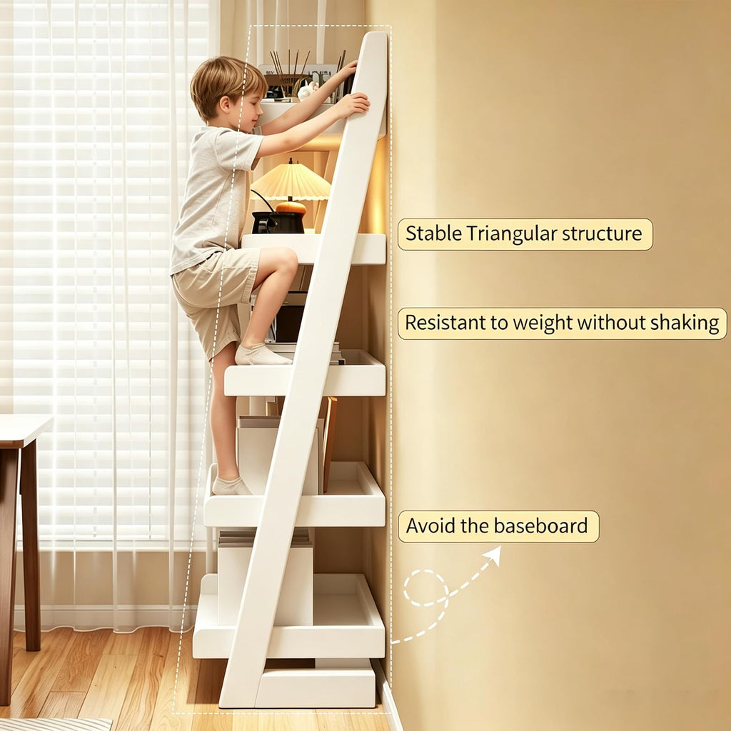 Ladder Bookshelf, 5-Tier Modern Wooden Leaning Book Shelf with Baffle