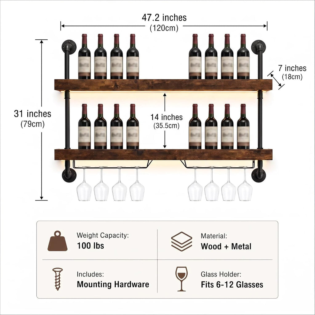 2-Tier Wall Mounted Wine Rack with LED Lights,47.2" W | Bar Shelves Wall Mounted,Hanging Liquor & Wine Glass Rack