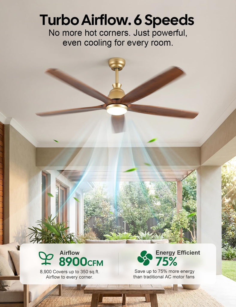 60 Inch Outdoor Ceiling Fan with Lights, Gold Brass Finish, 5 Solid Walnut Wood Blades, High CFM Quiet DC Motor