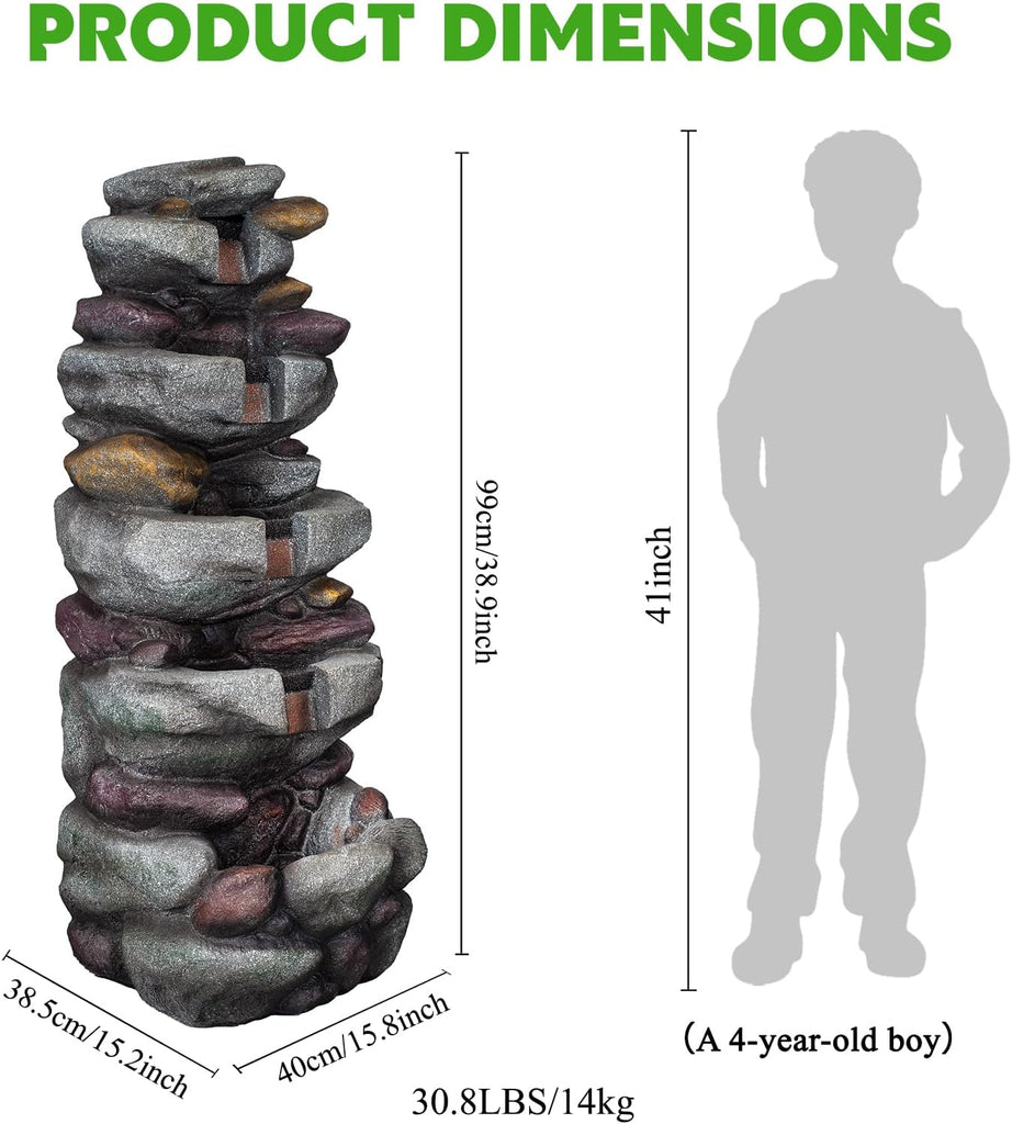 39" Stacked Rock Design Outdoor Freestanding Water Fountain, Floor Fountain with LED Lights and Pump